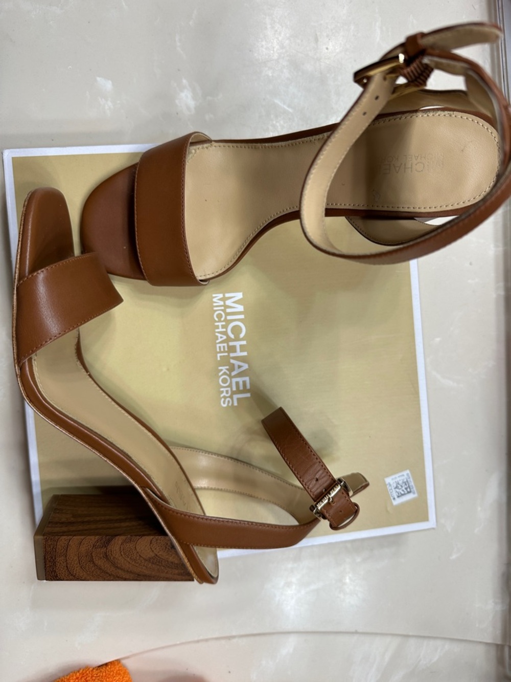 Michael Kors Tan Leather Ankle-Strap Block Heel Sandals